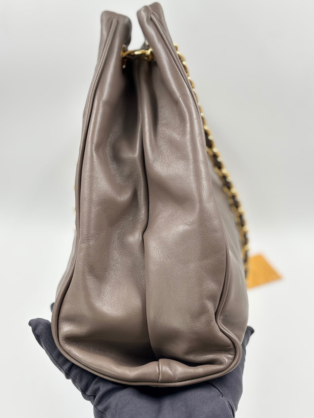 Prada Soft Calfskin Chain Tote Bag in Taupe Leather