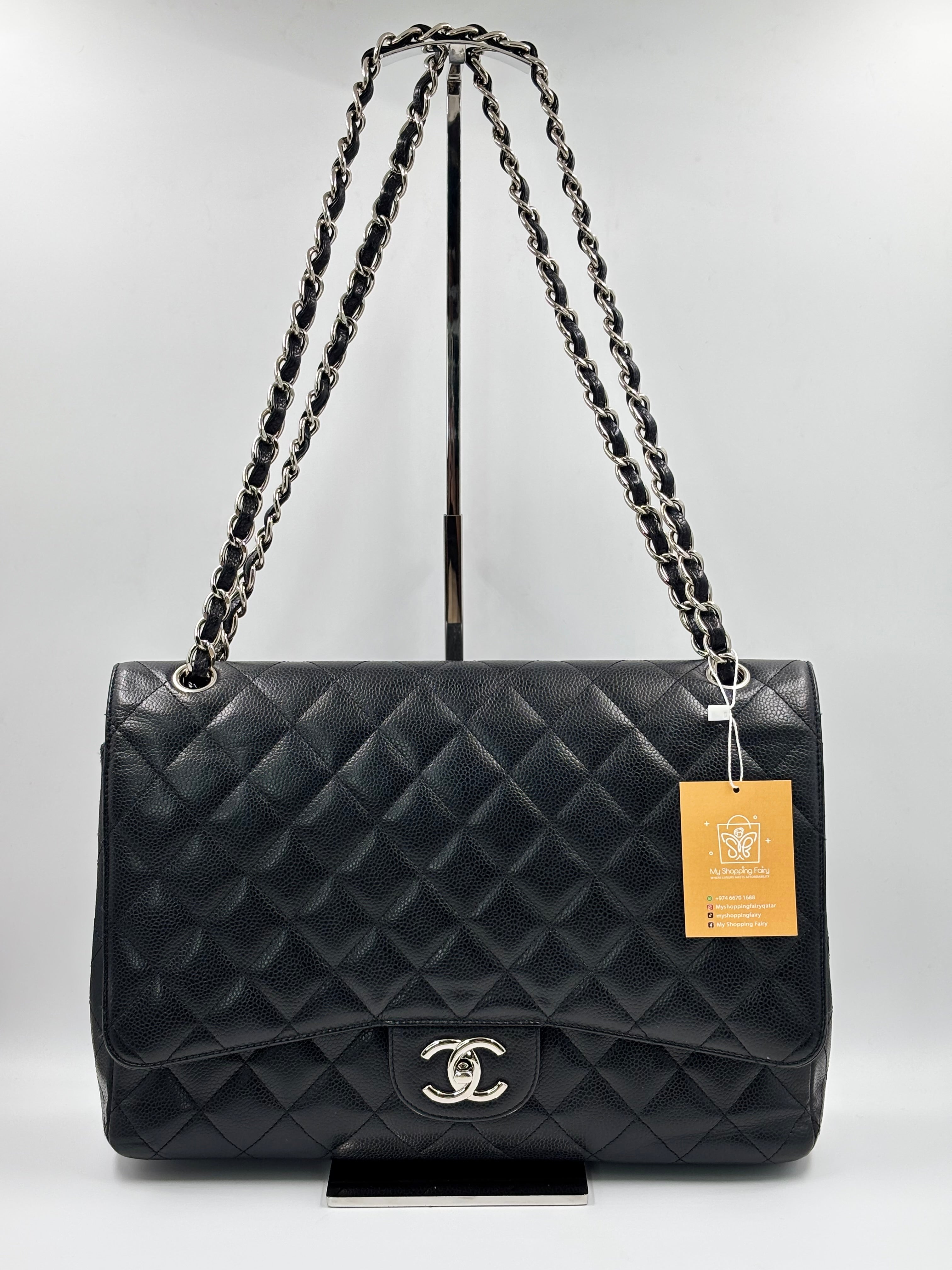 Chanel Black Quilted  Caviar Leather Classic Maxi Double Flap Bag