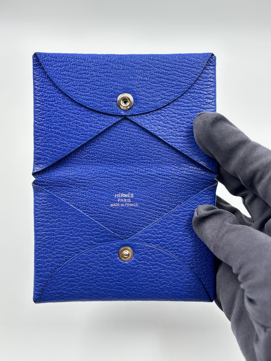 Hermes Blue Electric Chevre Mysore Leather Calvi Card Case