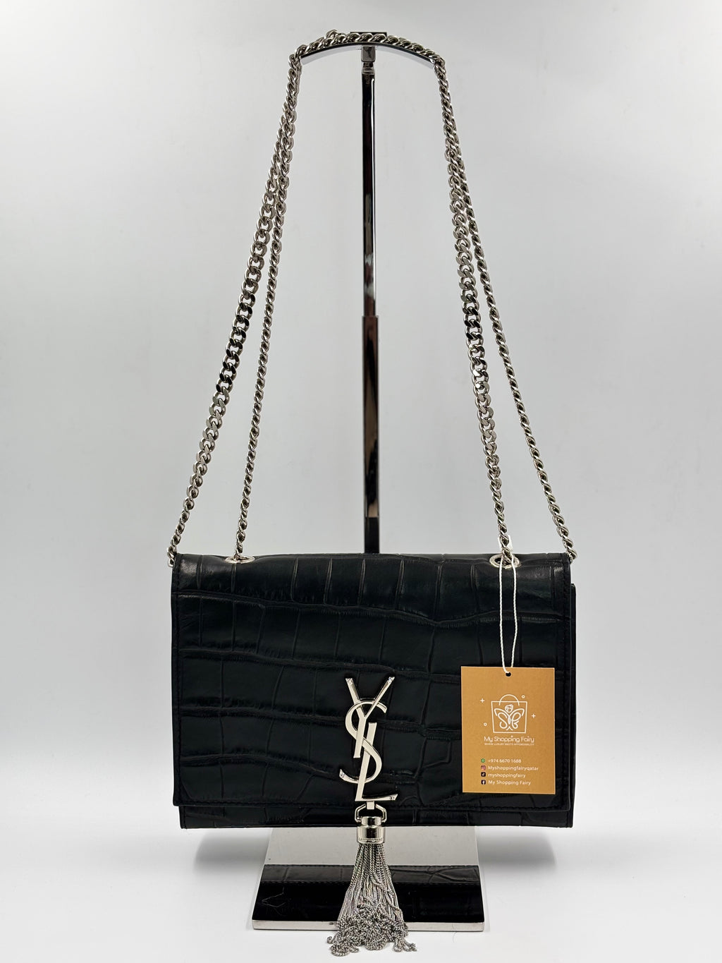 YSL Black Crocodile Embossed Calfskin Leather  Kate Tassel Bag