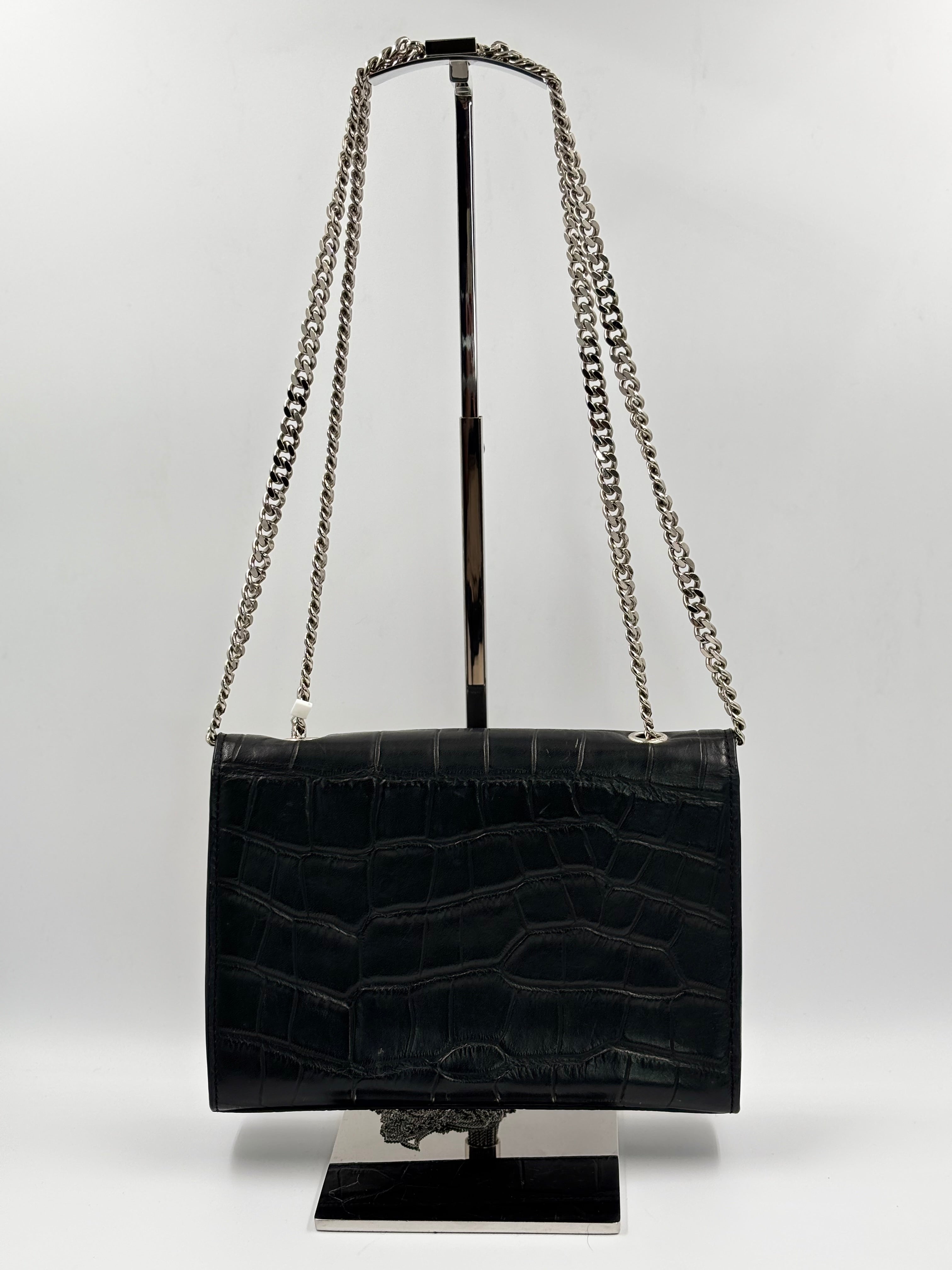 YSL Black Crocodile Embossed Calfskin Leather  Kate Tassel Bag