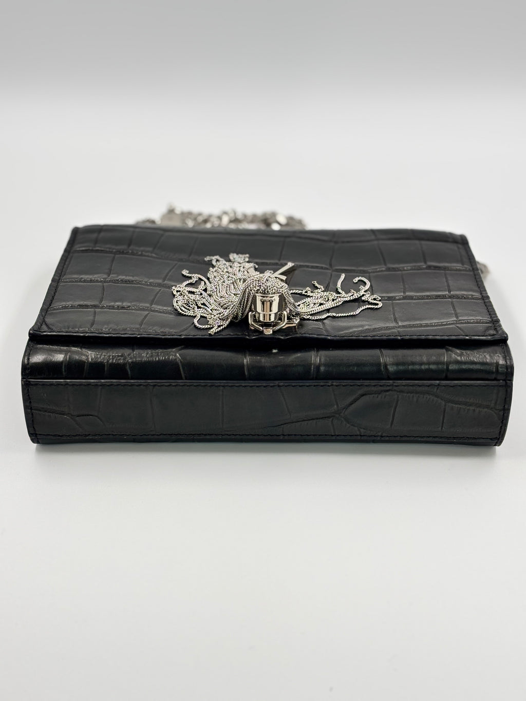 YSL Black Crocodile Embossed Calfskin Leather  Kate Tassel Bag