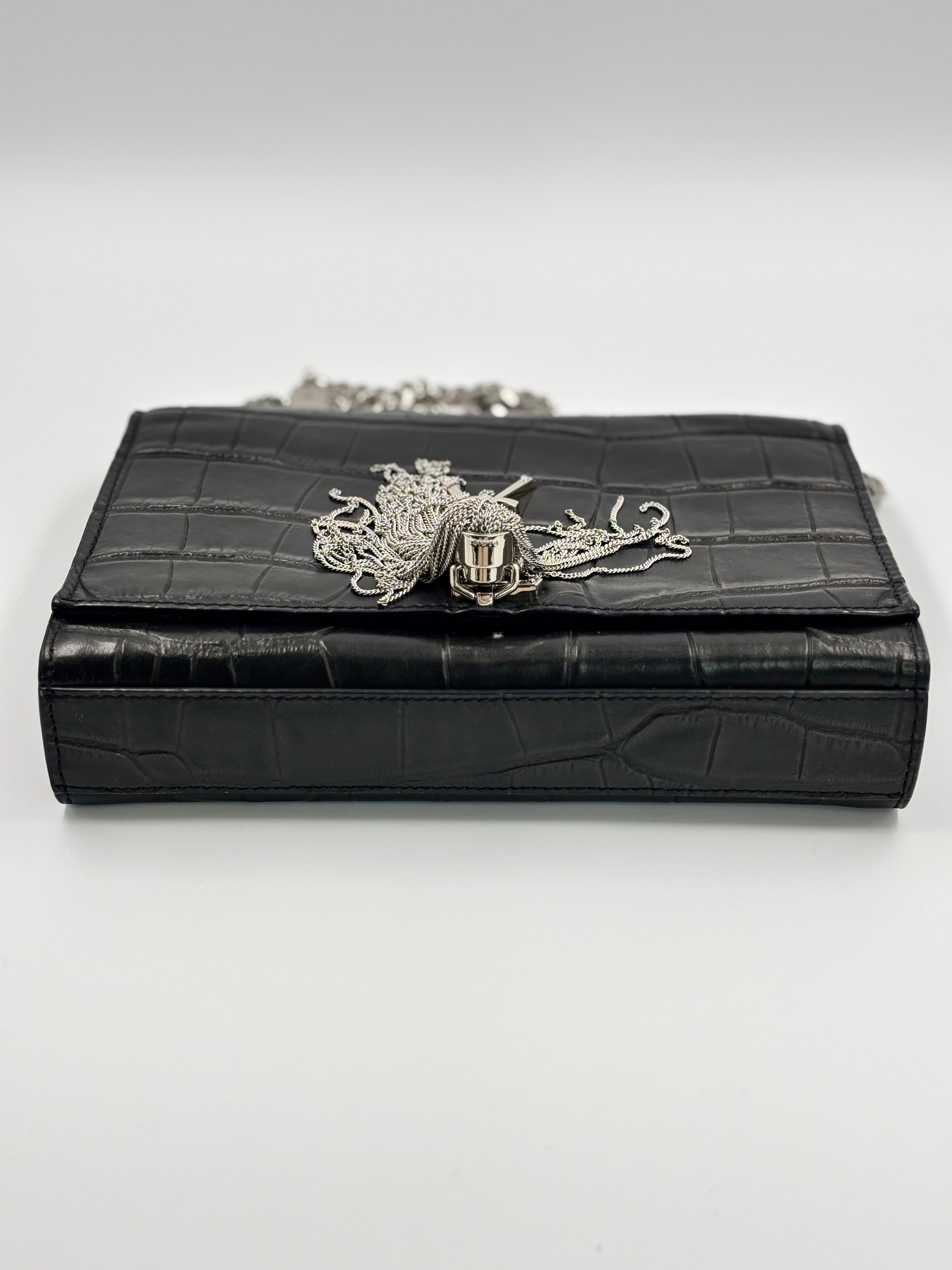 YSL Black Crocodile Embossed Calfskin Leather  Kate Tassel Bag