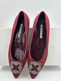 Manolo Blahnik Hangisi Burgundy Satin Flats