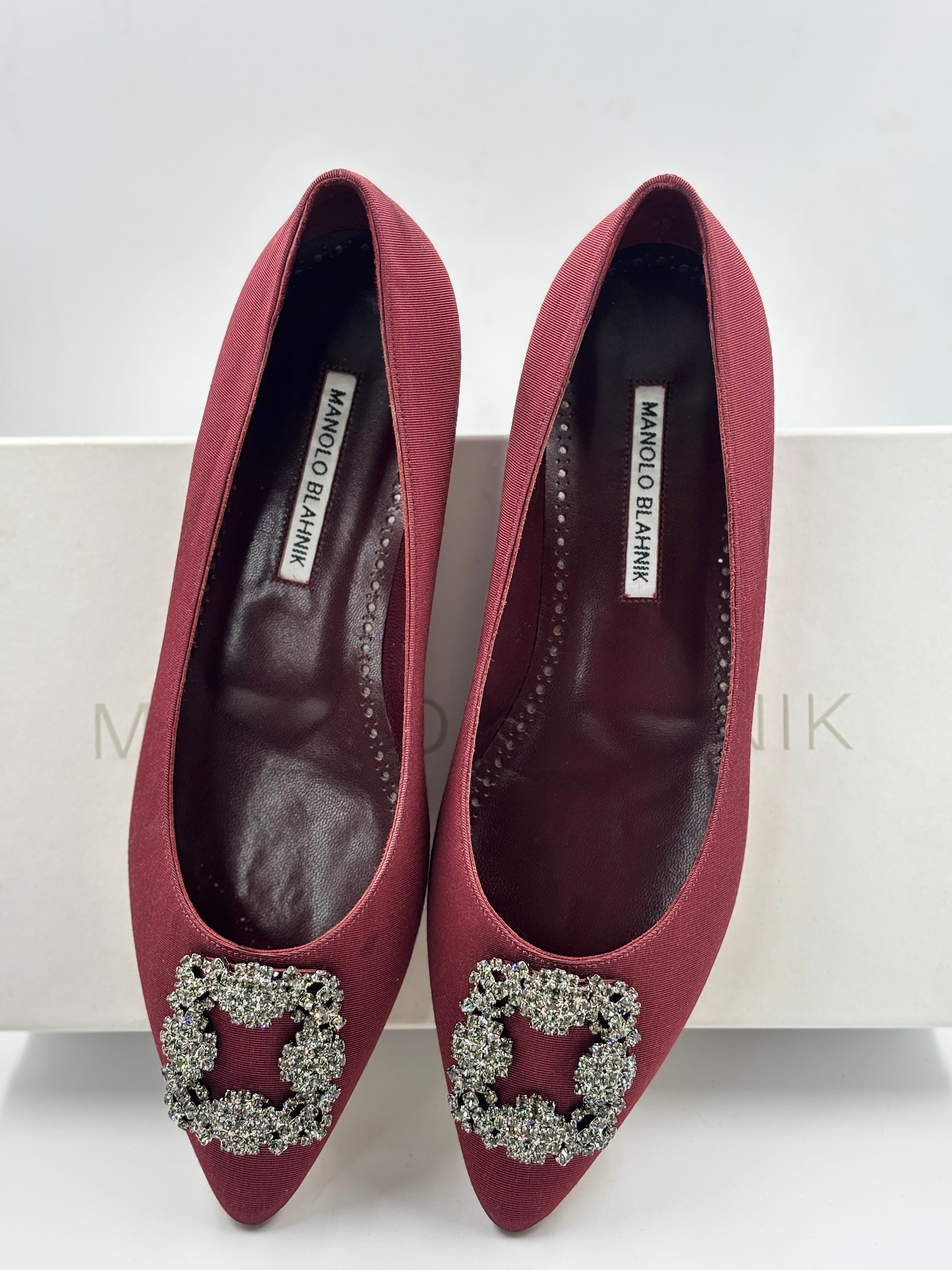 Manolo Blahnik Hangisi Burgundy Satin Flats