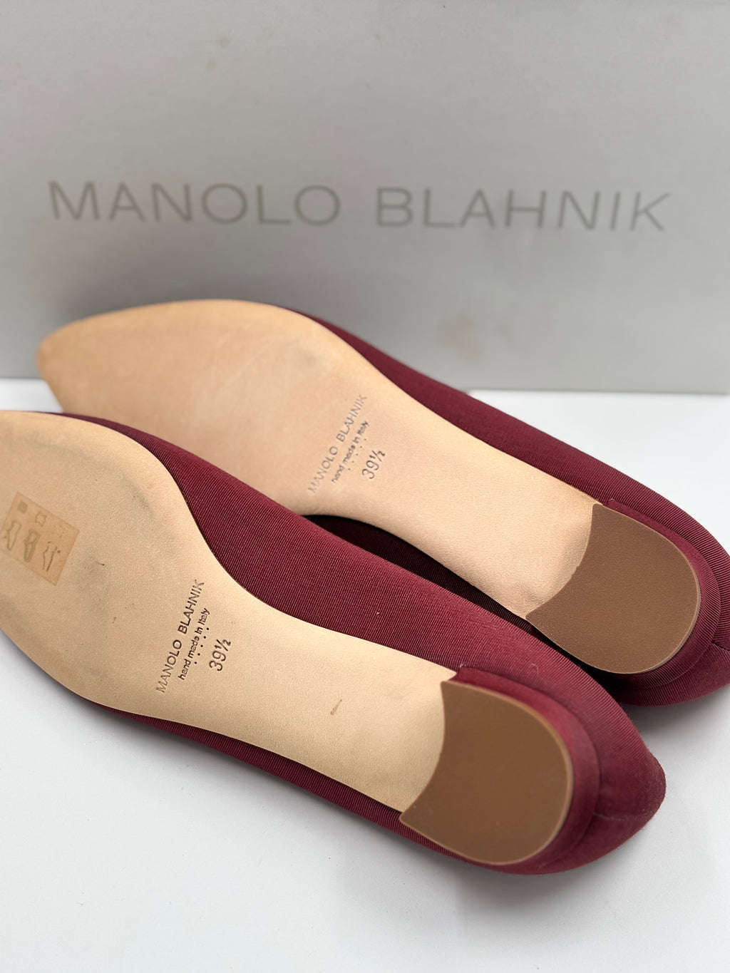 Manolo Blahnik Hangisi Burgundy Satin Flats