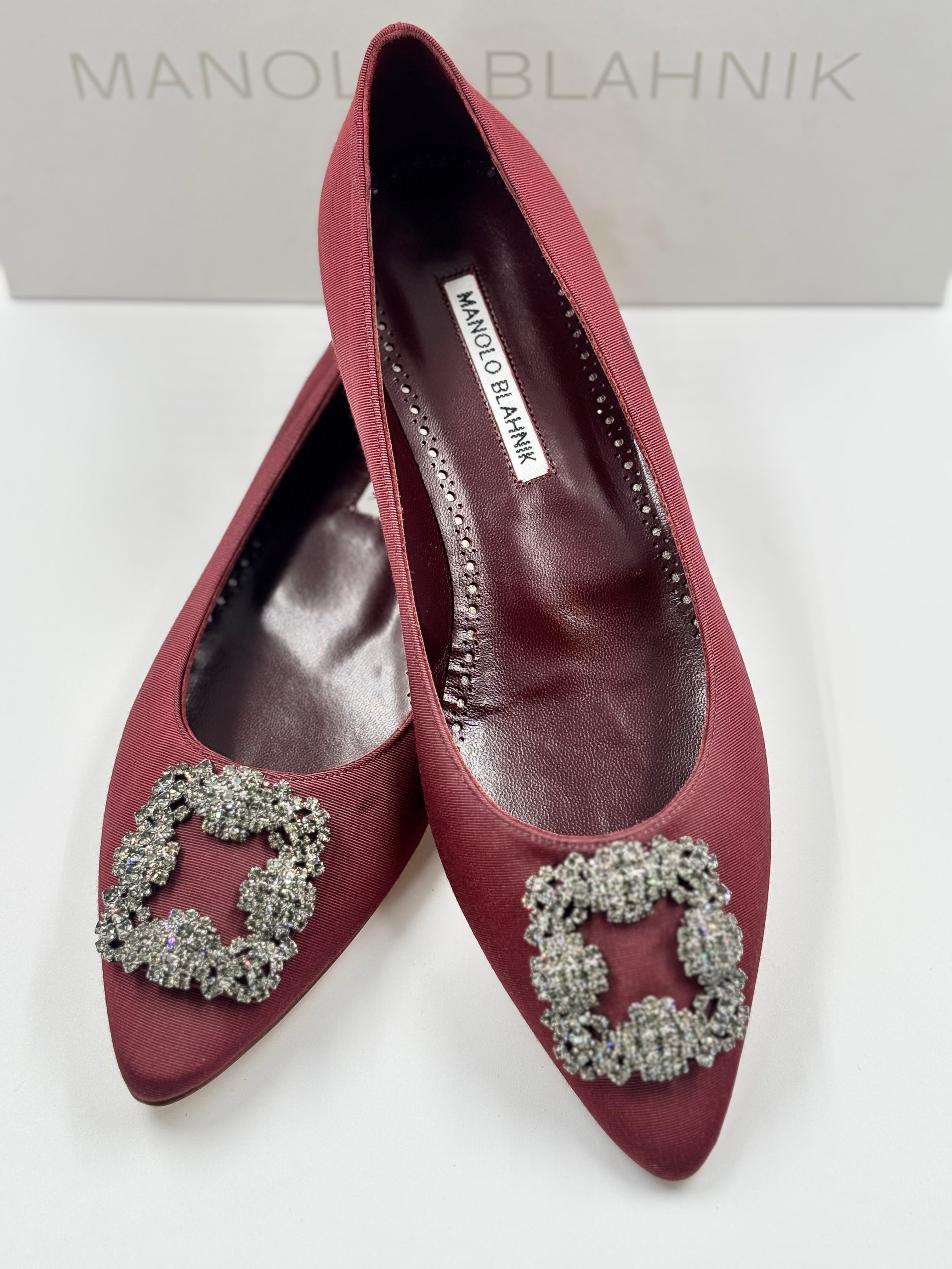 Manolo Blahnik Hangisi Burgundy Satin Flats