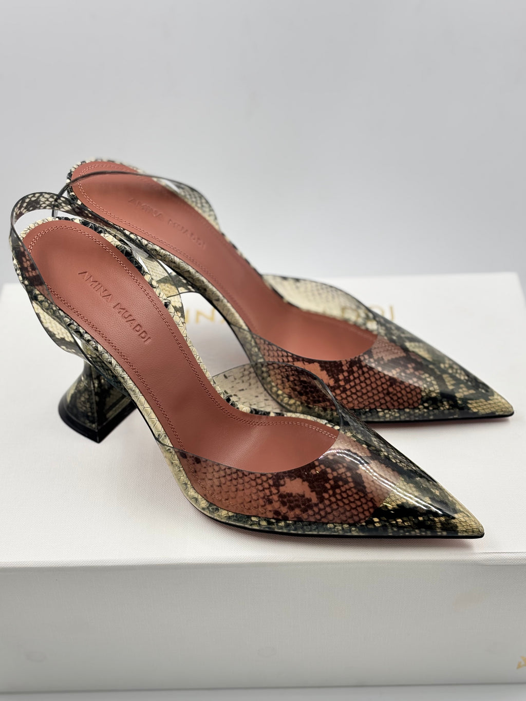 Amina Muaddi Snake Print Holli Glass Slingback Pumps