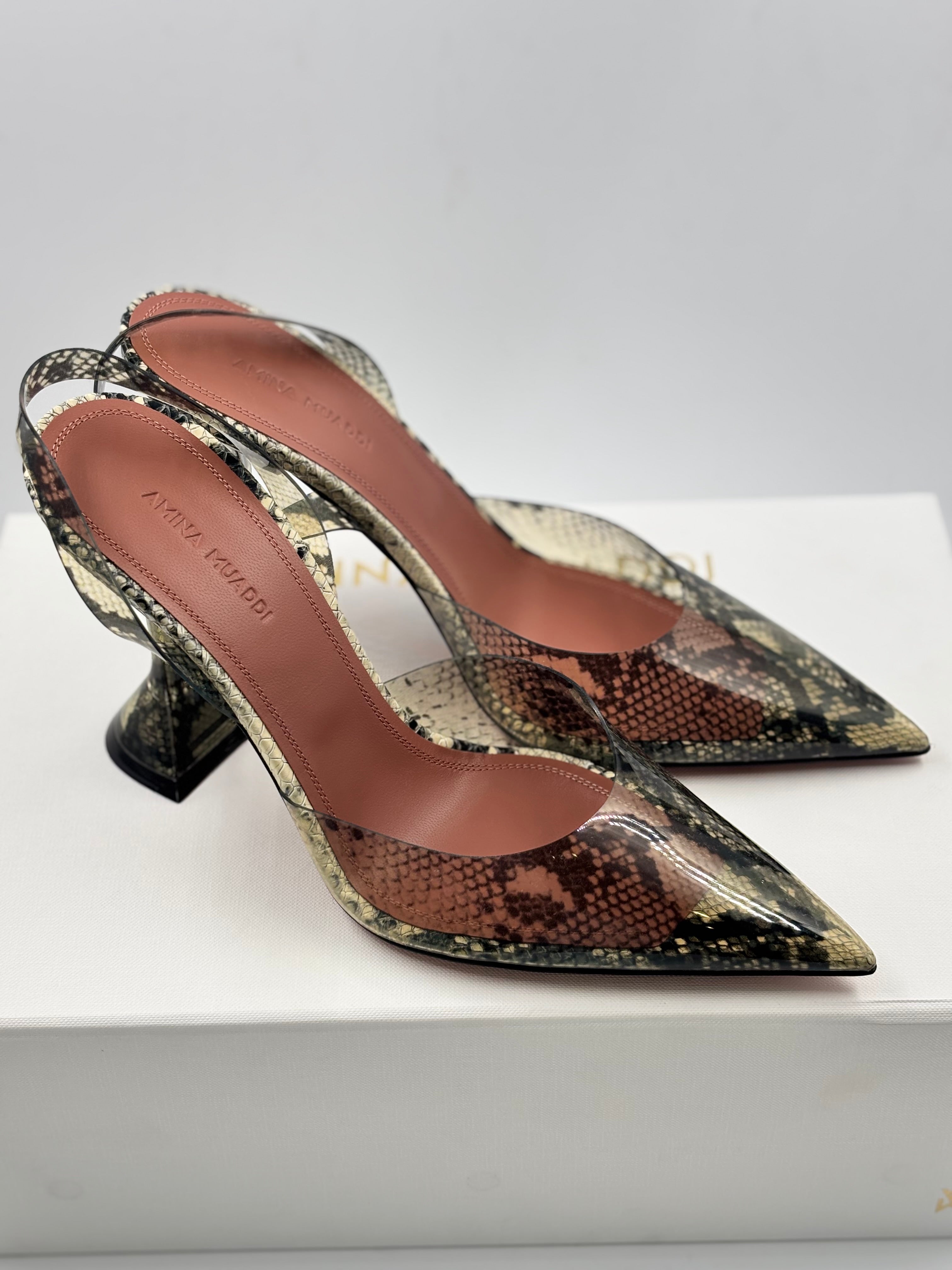 Amina Muaddi Snake Print Holli Glass Slingback Pumps