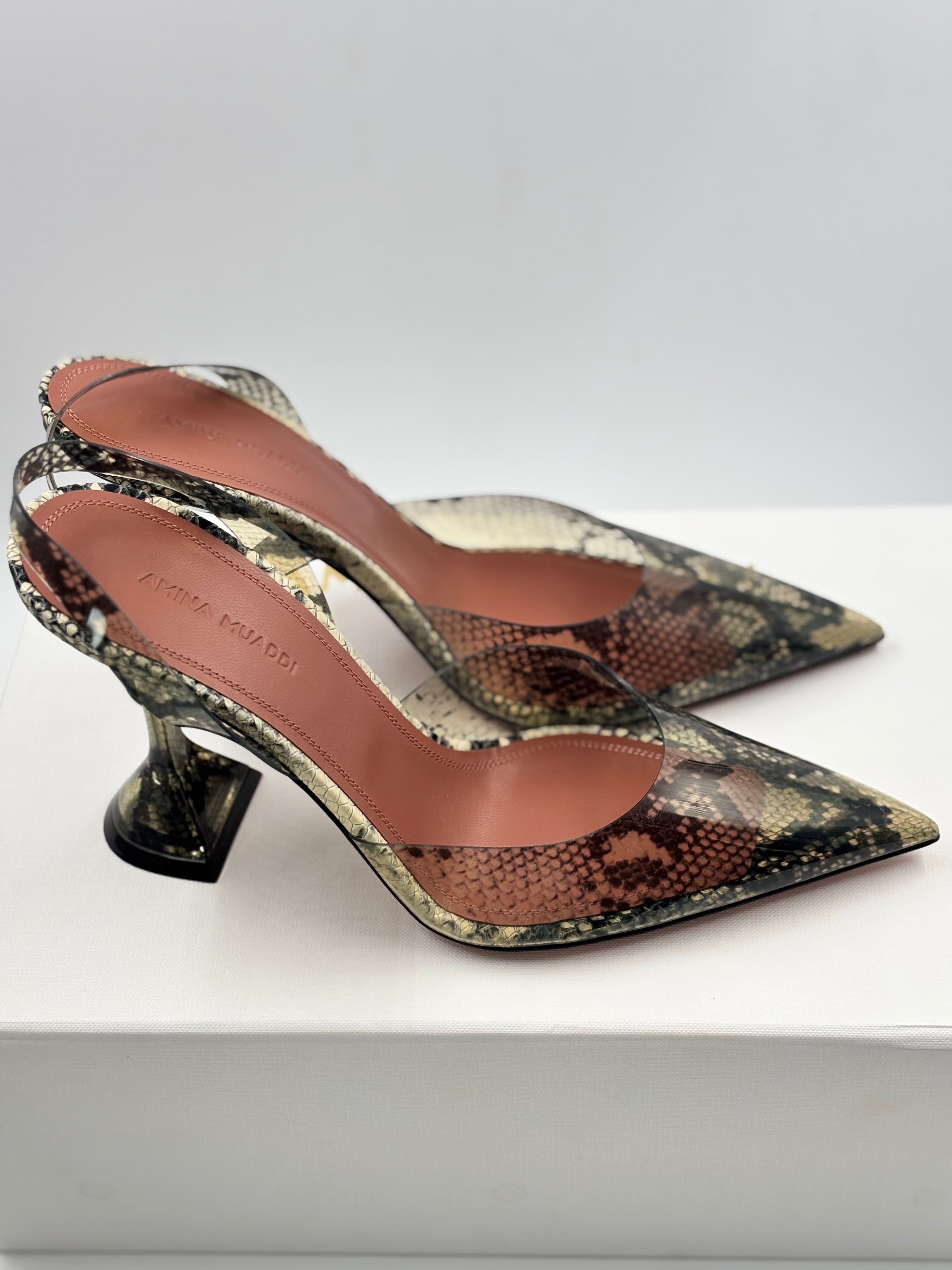 Amina Muaddi Snake Print Holli Glass Slingback Pumps