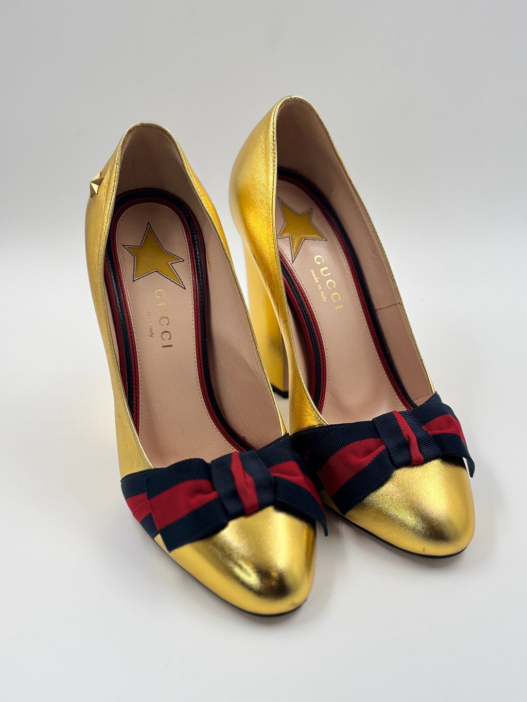 Gucci Metallic Gold Web Bow Block Heel Pumps