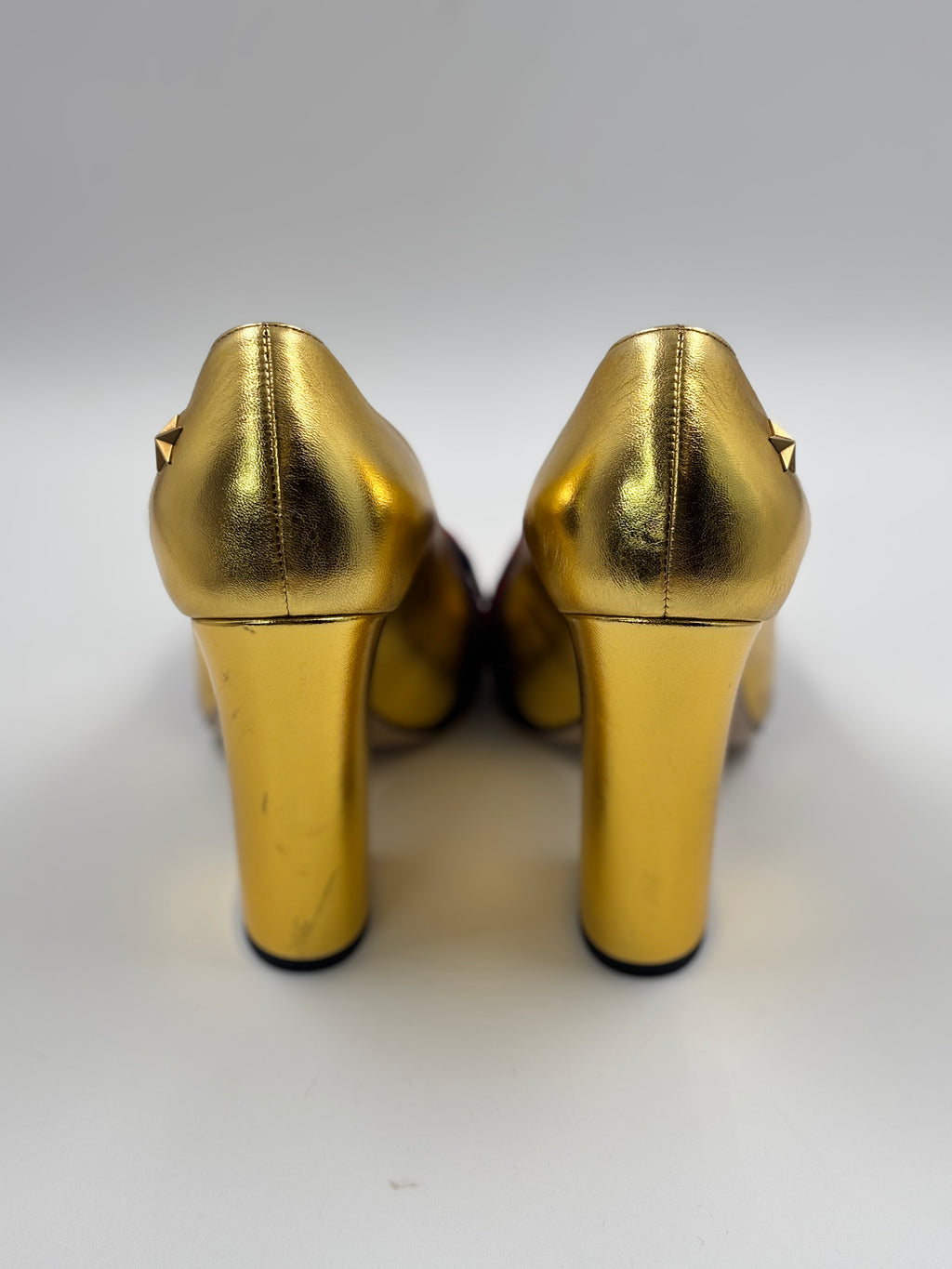 Gucci Metallic Gold Web Bow Block Heel Pumps