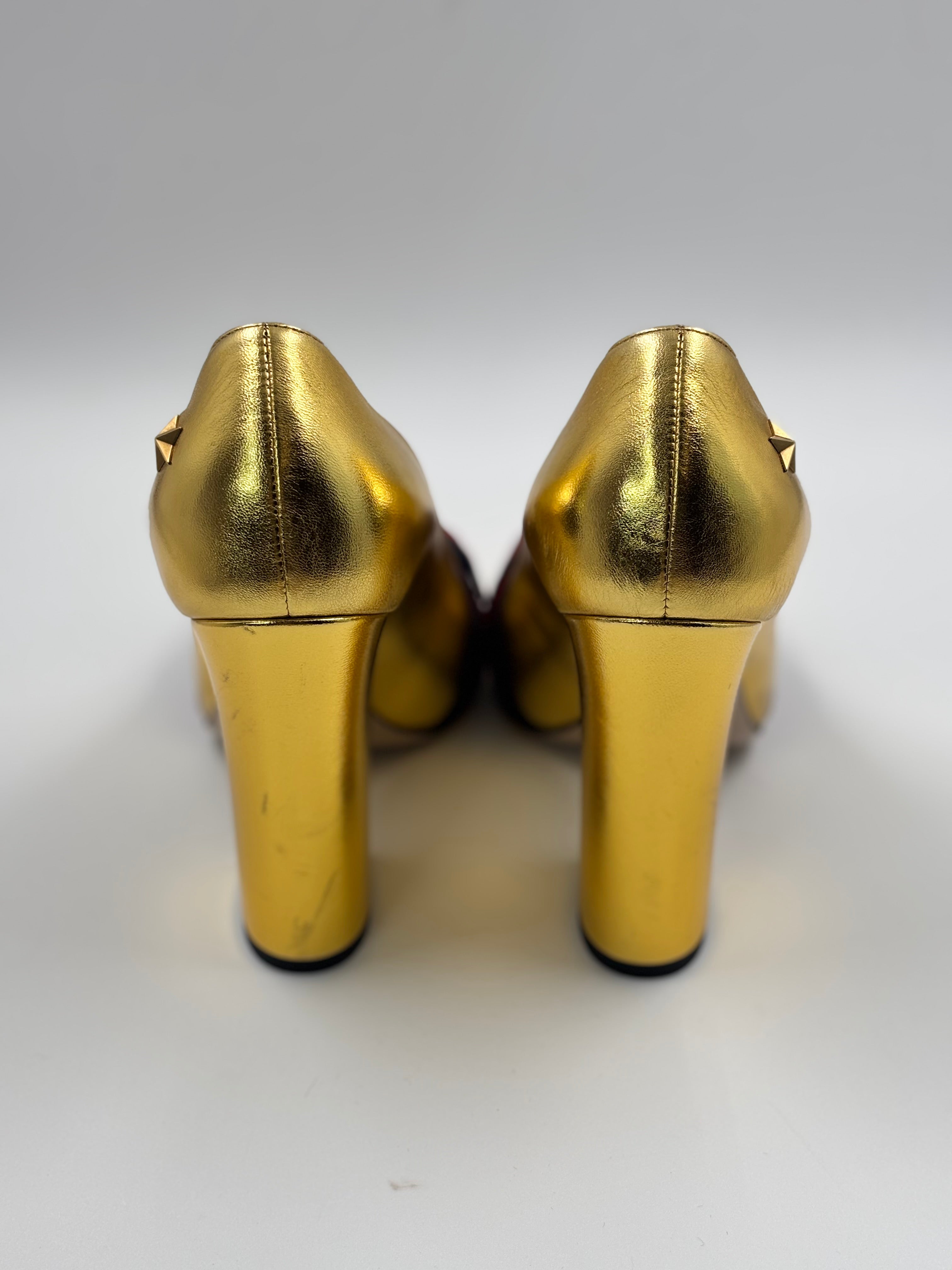 Gucci Metallic Gold Web Bow Block Heel Pumps