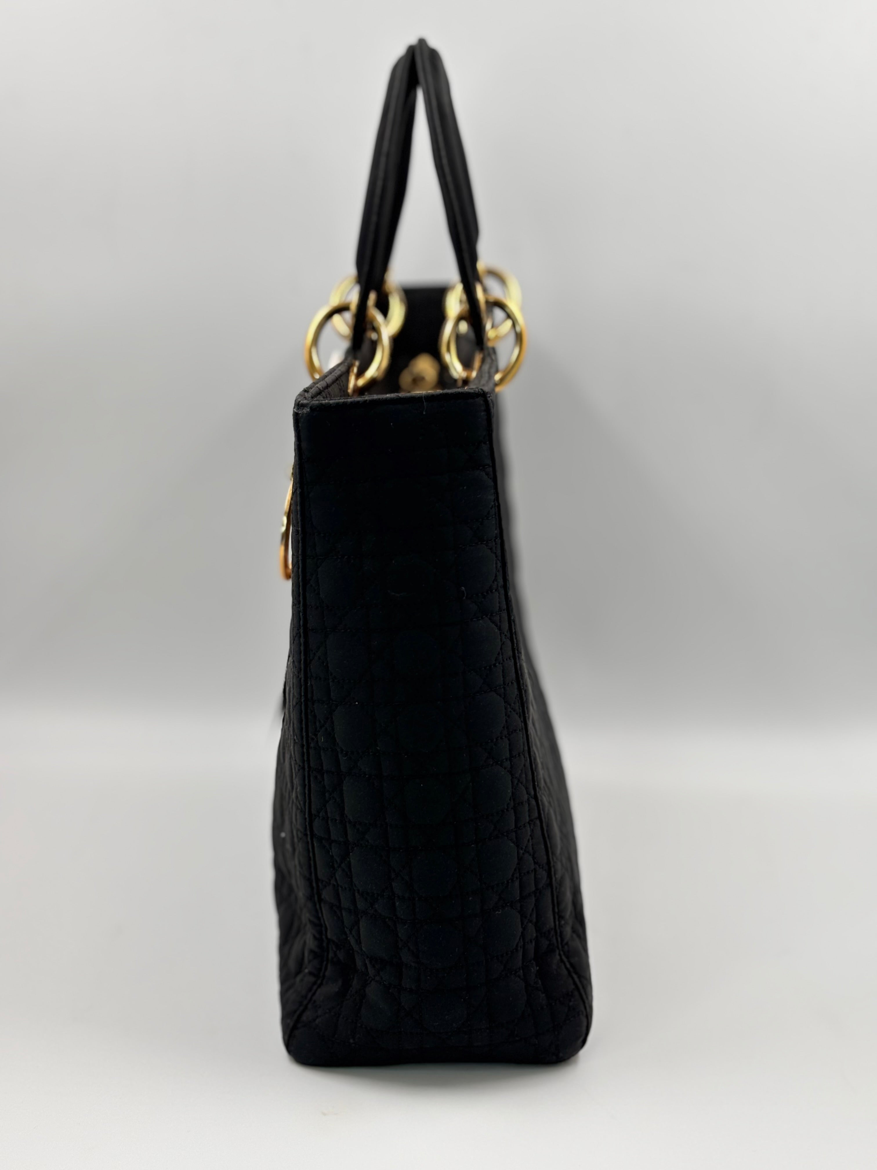 Christian Dior Black Cannage Quilted Nylon Large Lady Dior Bag