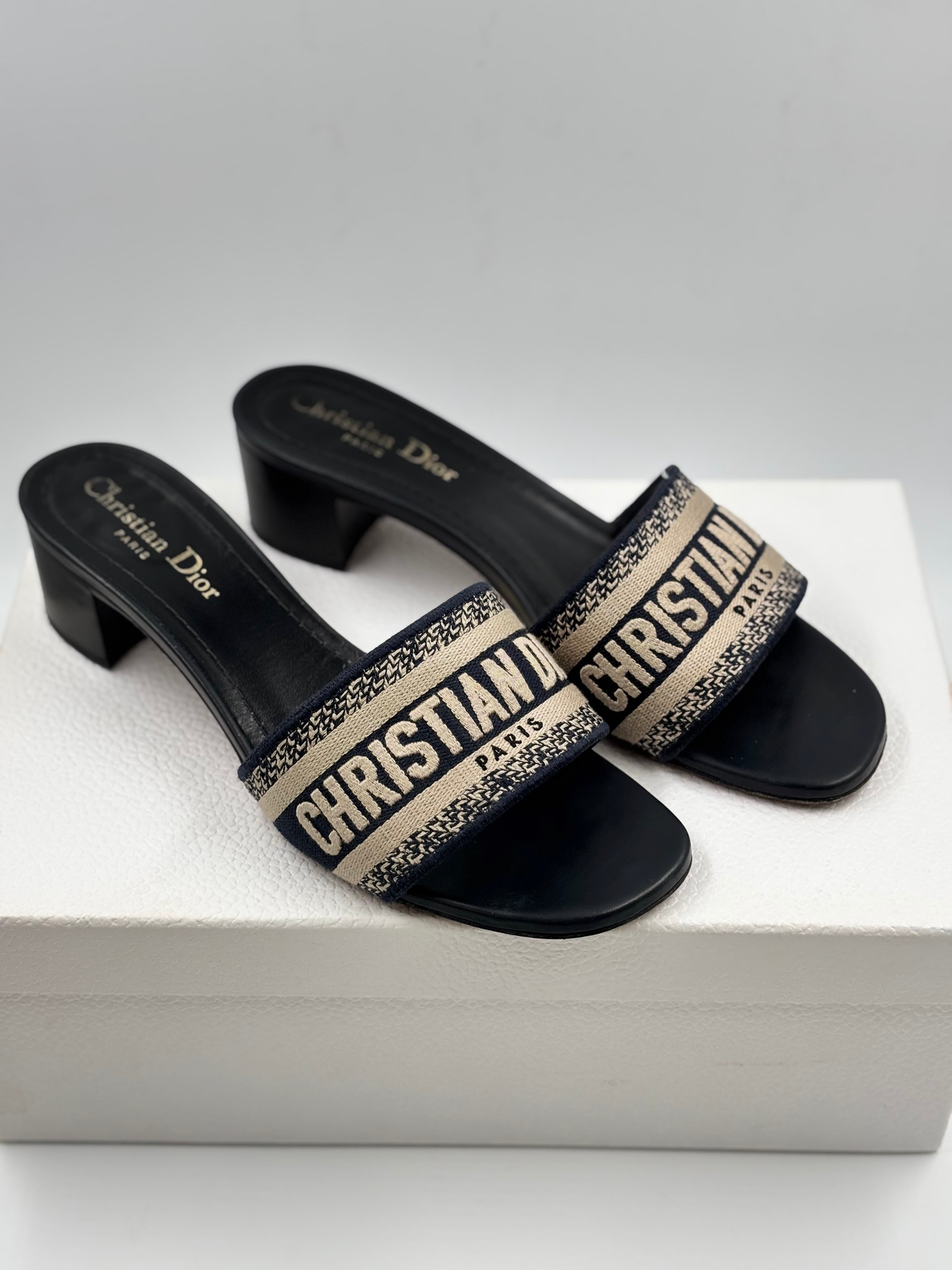 Christian Dior Deep Blue Embroidered Cotton DWay Slide Sandals