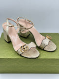 Gucci Metallic Gold Laminate Leather GG Marmont Block Heel Sandals