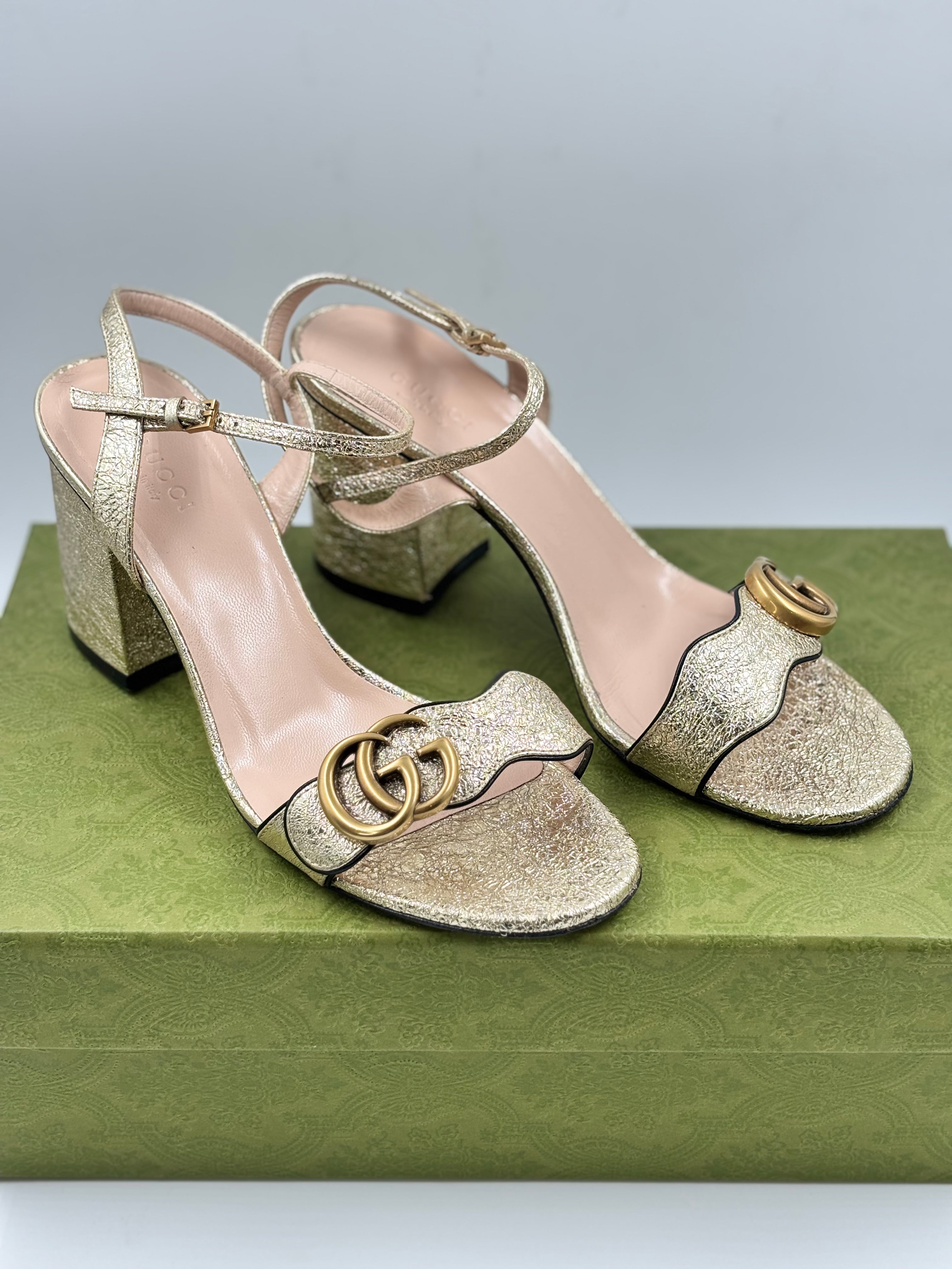 Gucci Metallic Gold Laminate Leather GG Marmont Block Heel Sandals