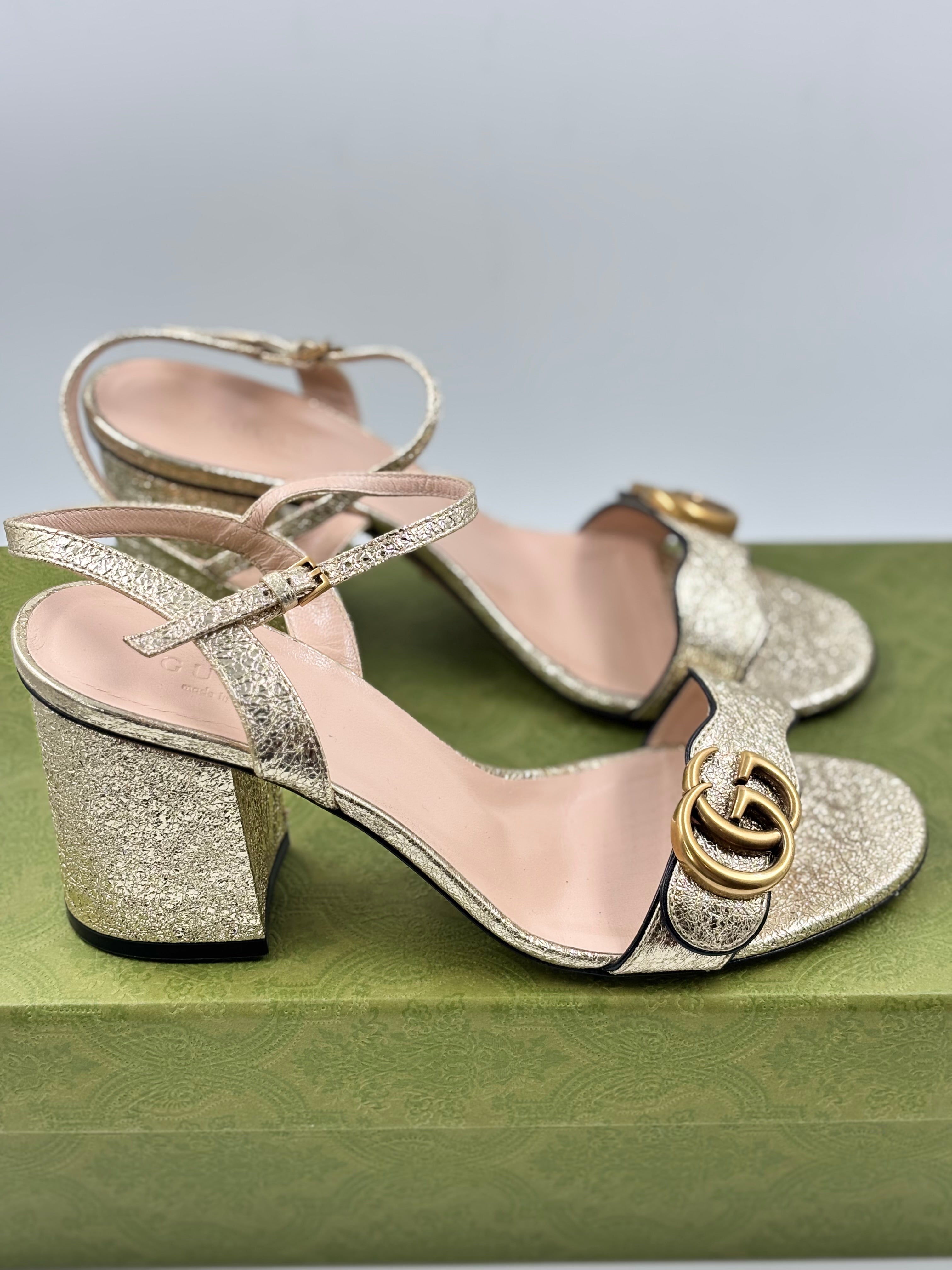 Gucci Metallic Gold Laminate Leather GG Marmont Block Heel Sandals