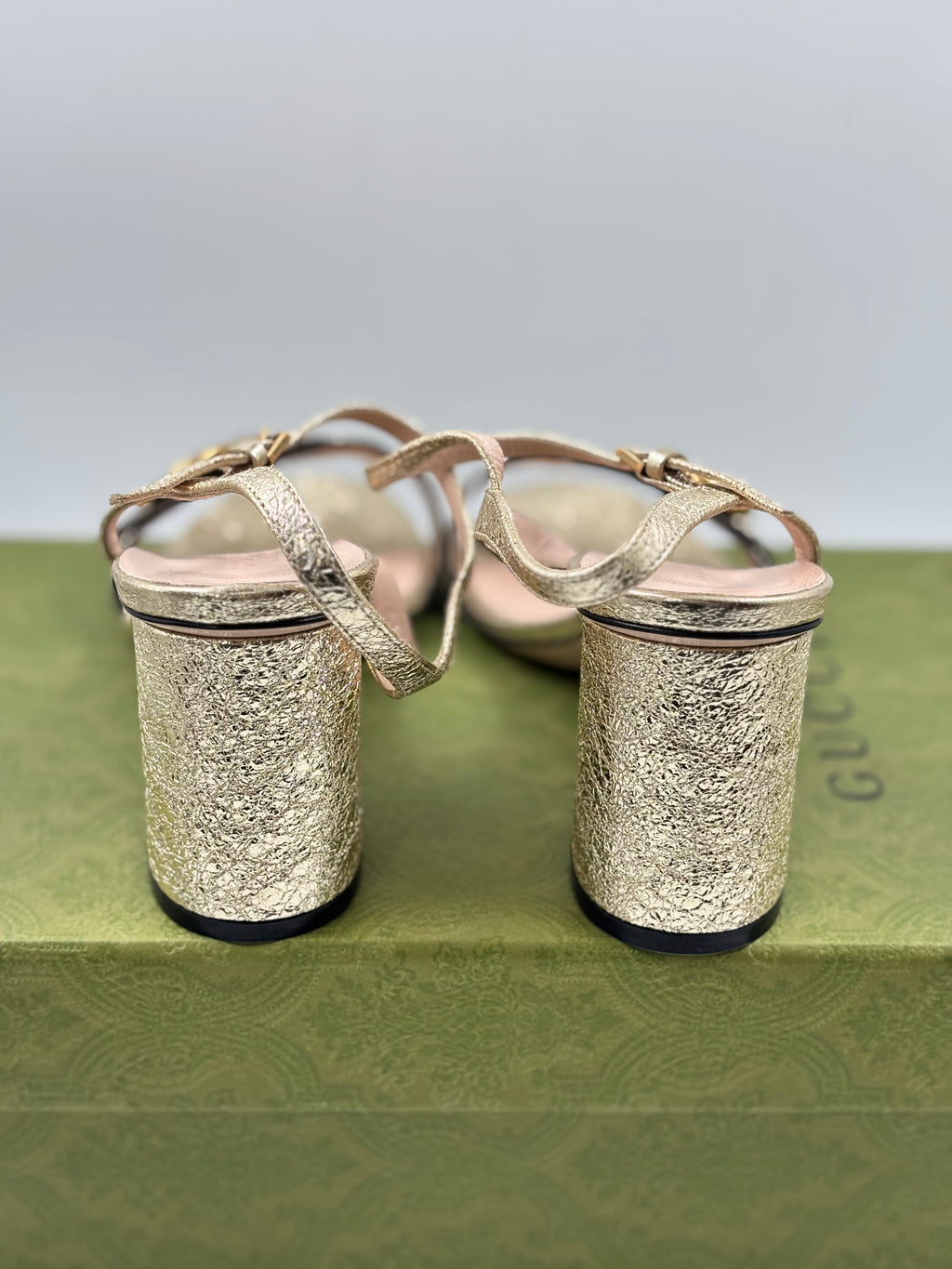 Gucci Metallic Gold Laminate Leather GG Marmont Block Heel Sandals