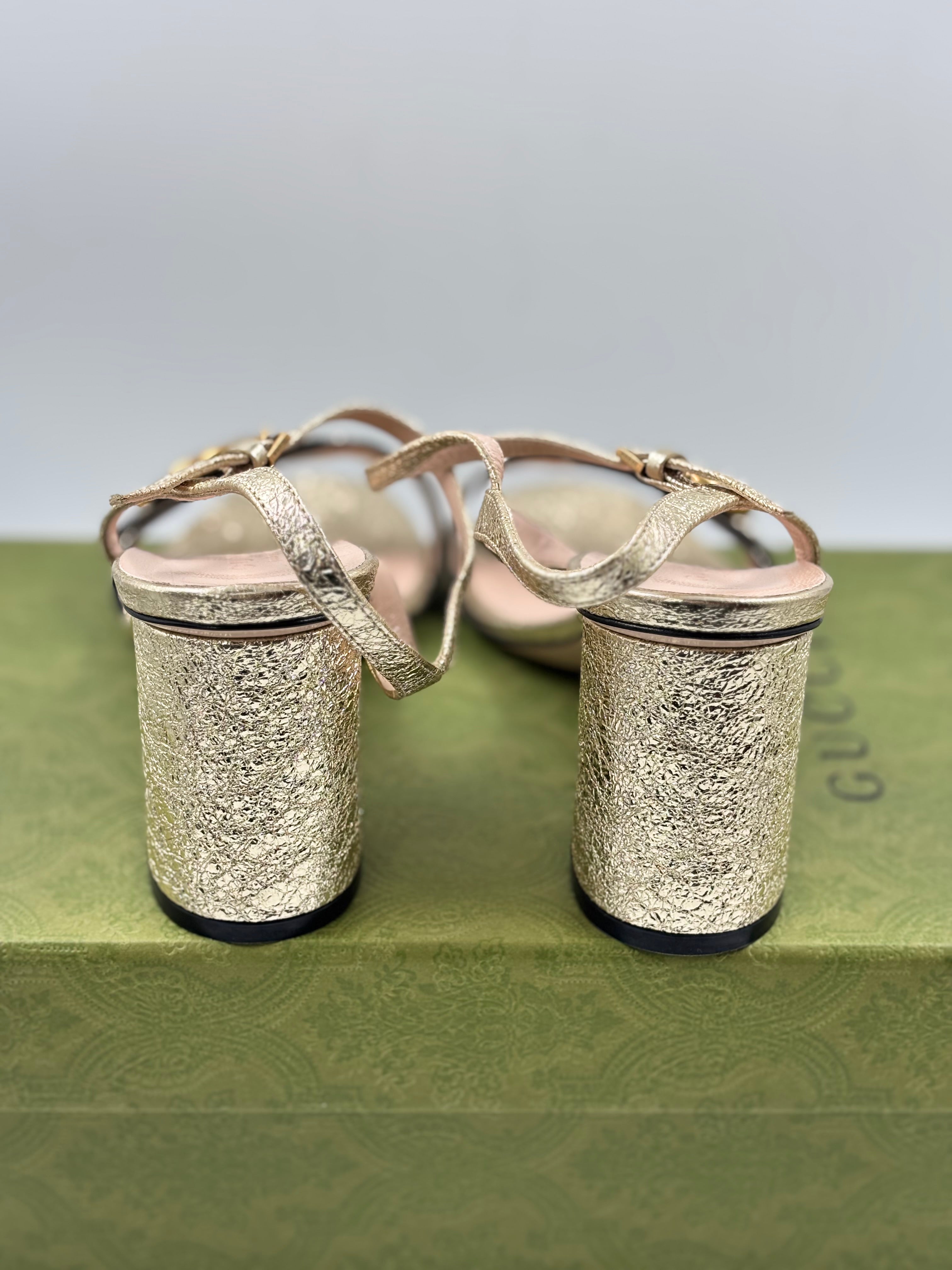 Gucci Metallic Gold Laminate Leather GG Marmont Block Heel Sandals