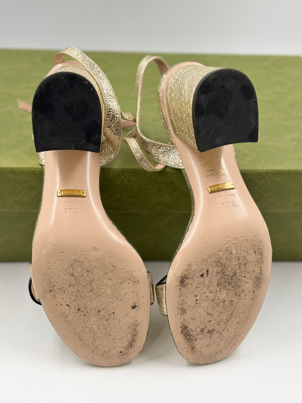 Gucci Metallic Gold Laminate Leather GG Marmont Block Heel Sandals