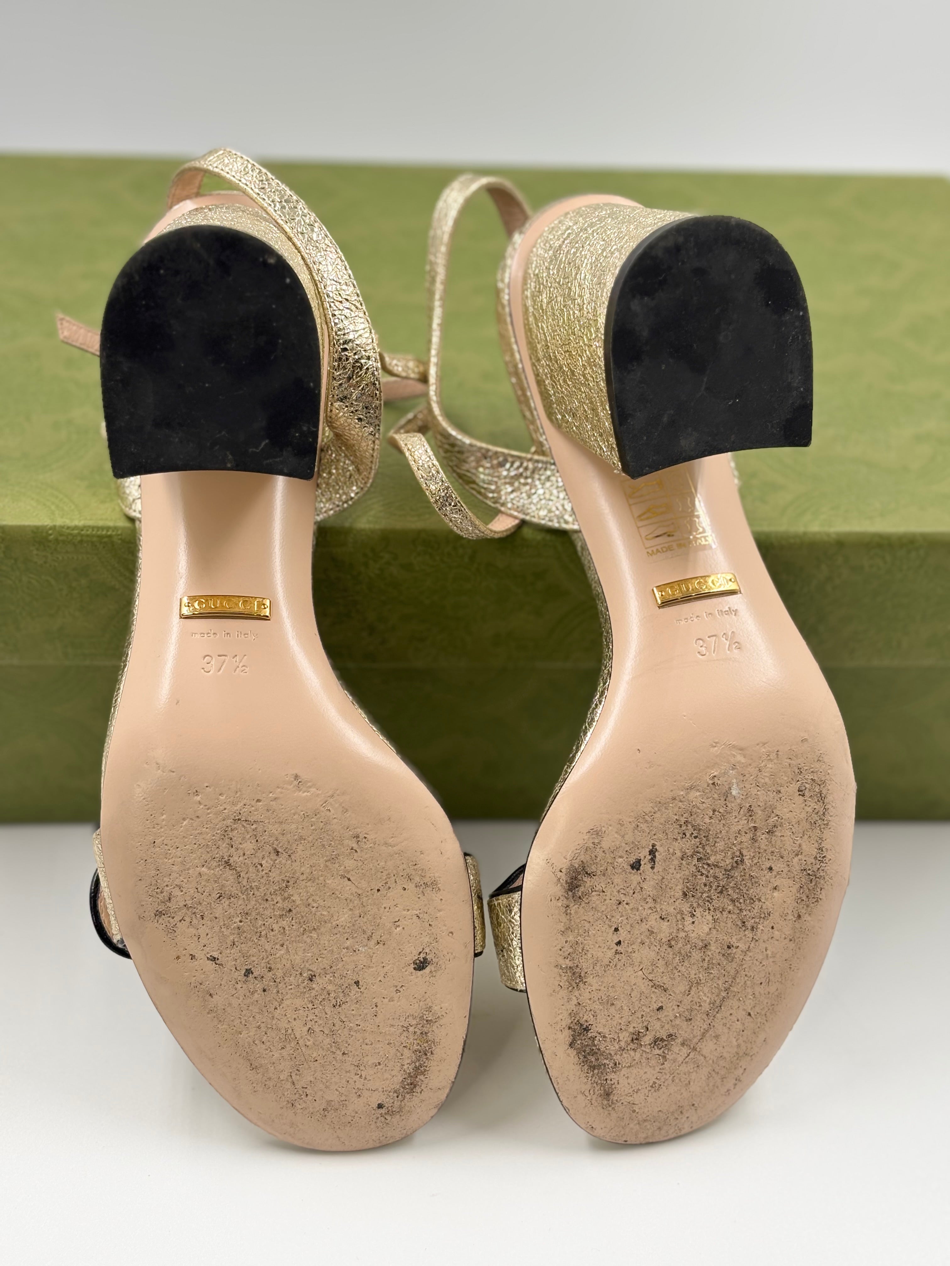 Gucci Metallic Gold Laminate Leather GG Marmont Block Heel Sandals