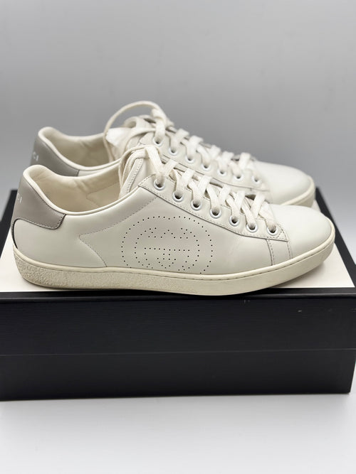 Gucci Interlocking G Logo Leather Sneakers White and Grey