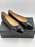Chanel Black Leather Cap Toe CC Ballet Flats Size 40.5